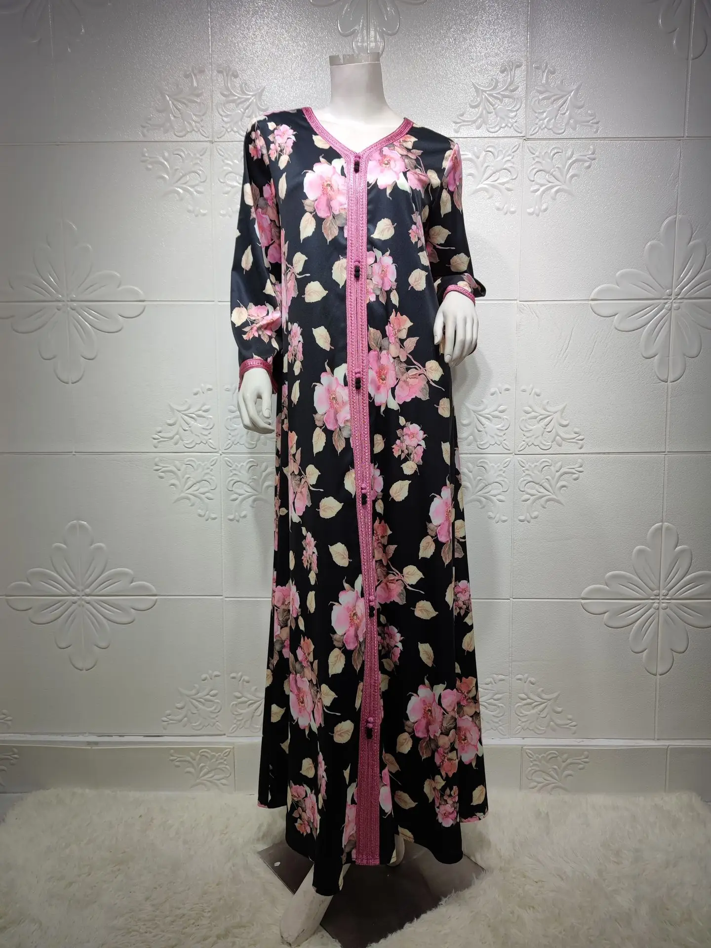 

Eid Ramadan Ethnic Print Maxi Dress for Women 2021 Loose Muslim Jalabiya Full Sleeve Arabic Oman Dubai Islamic Clothing