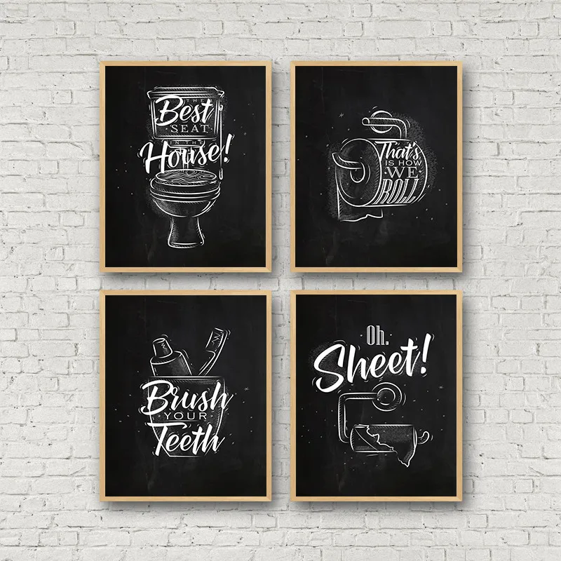 

Toilet Sign Bathroom Canvas Painting Posters Prints Brush Teeth Black White Quotes Art Decorative Pictures Bathroom Decor CH112