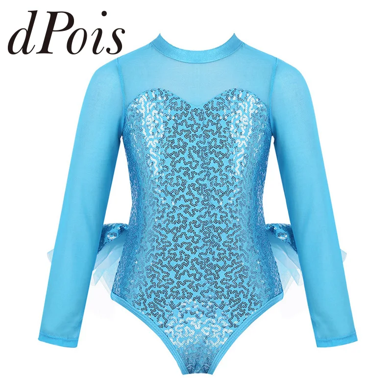 Детское балетное гимнастическое платье из тюля с длинными рукавами блестками и