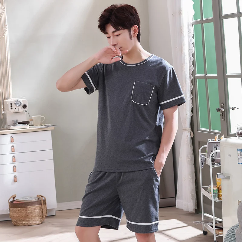 

New O-Neck Full Cotton Mens Summer Short Sleeve Shorts Pajamas Set Big Size L-4XL Sleepwear Leisure Suits Nightwear Men Pijamas