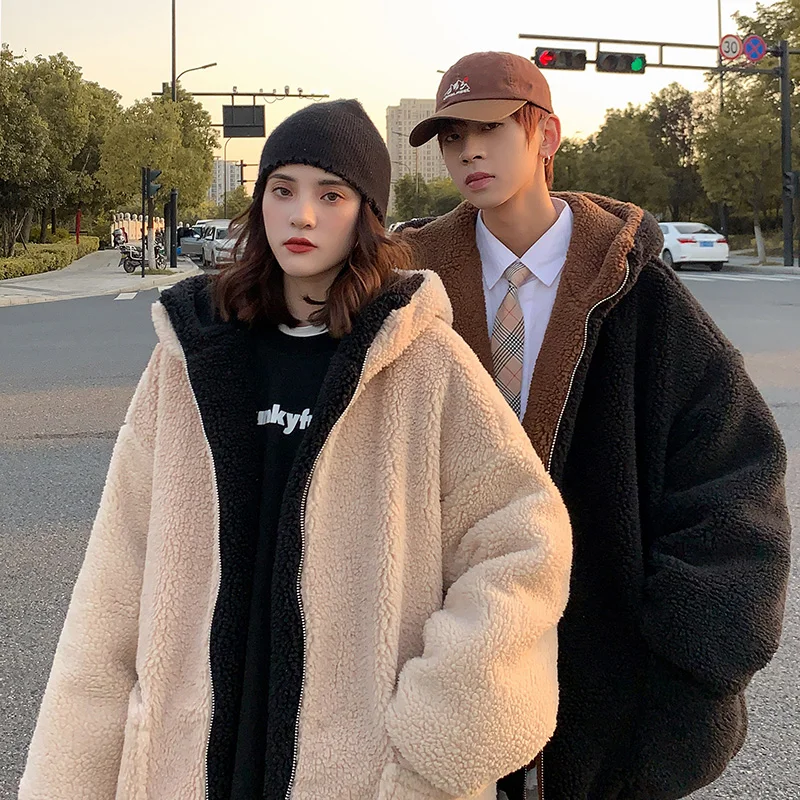 

New winter couple wear lamb velvet jacket thick warm loose men and women parka coat casual men's jacket