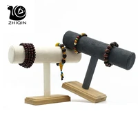 1pc bamboo wooden single tier t bar rack bracelet watch bangle display holder stand dark graybeige velvet jewelry organizer