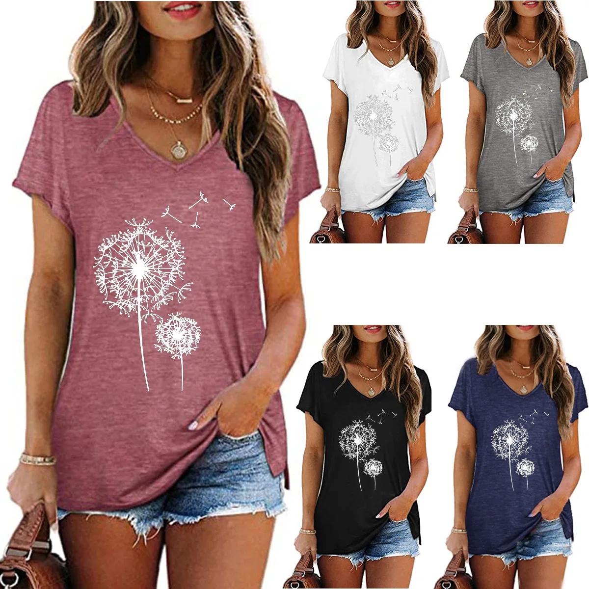 

Women Casual T-Shirt Summer Short Sleeve V-neck Printed Tops Dandelion Print Female Tops Fashion Streetwear S-2XL Pullovers Tops