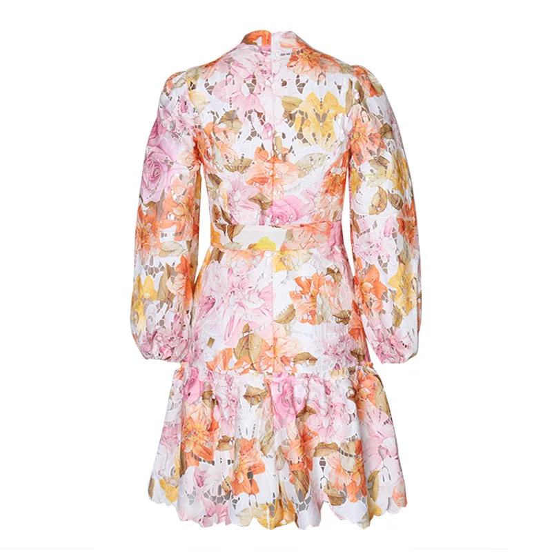 

Temperament wind print women's dress spring 2021 new mini pleated skirt with standing collar lantern long sleeves and high waist