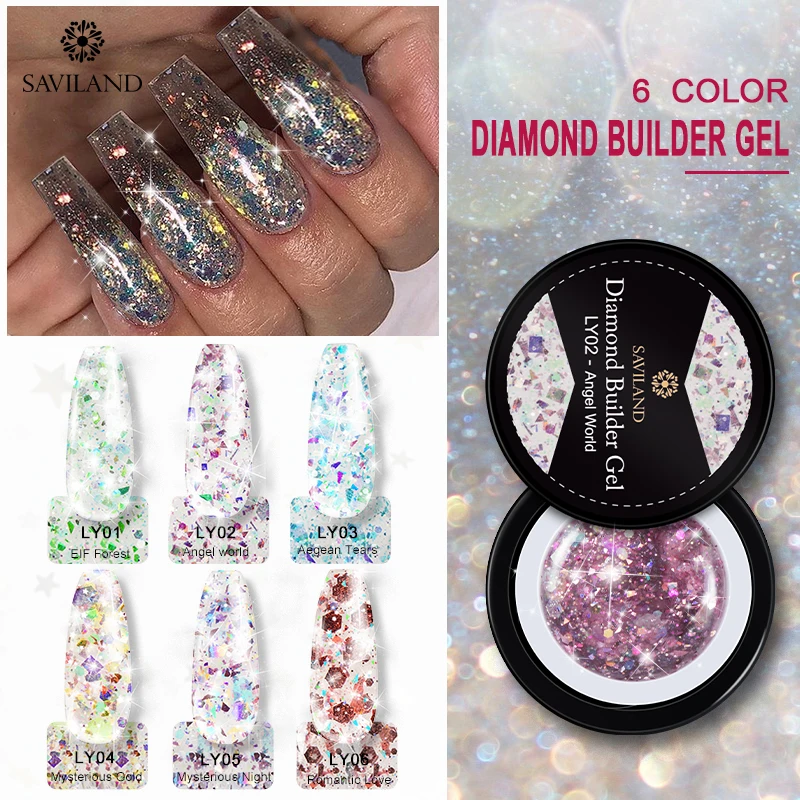 Алмазный полигель для ногтей SAVILAND 3D блестящий стойкий камуфляжный натуральный