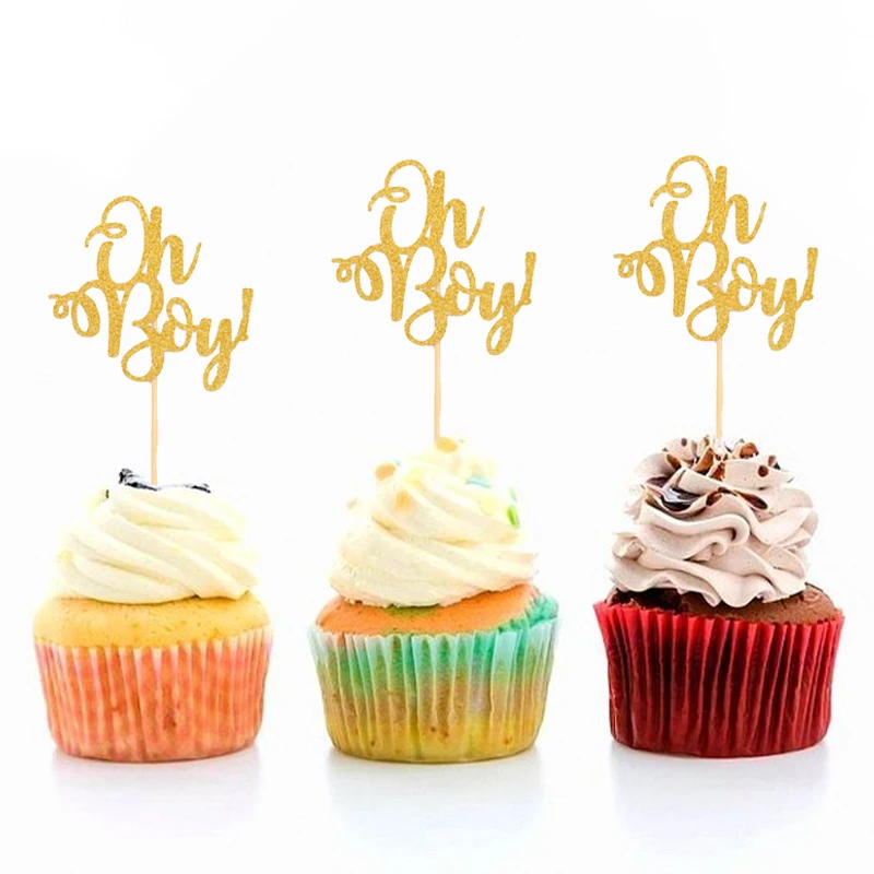 

JQSYRISE 10Pcs Gold Oh Boy Cupcake Toppers Happy Birthday Party Decor Gender Reveal Kids Baby Shower 1st Birthday Cake Supplies