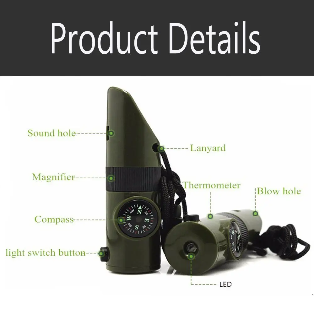 Outdoor Survival Supplies Seven In One Whistle Multifunctional Emergency Compass Magnifying Glass Flashlight Thermometer | Спорт и