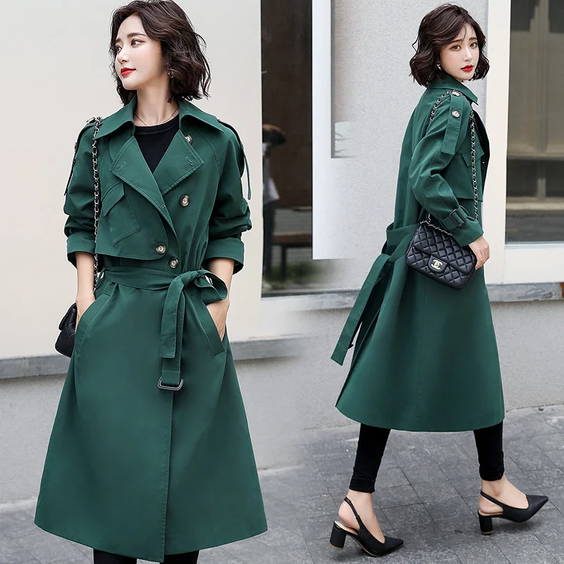 

Windbreaker women's 2021 new autumn medium long high-end thin coat green Korean temperament British coat