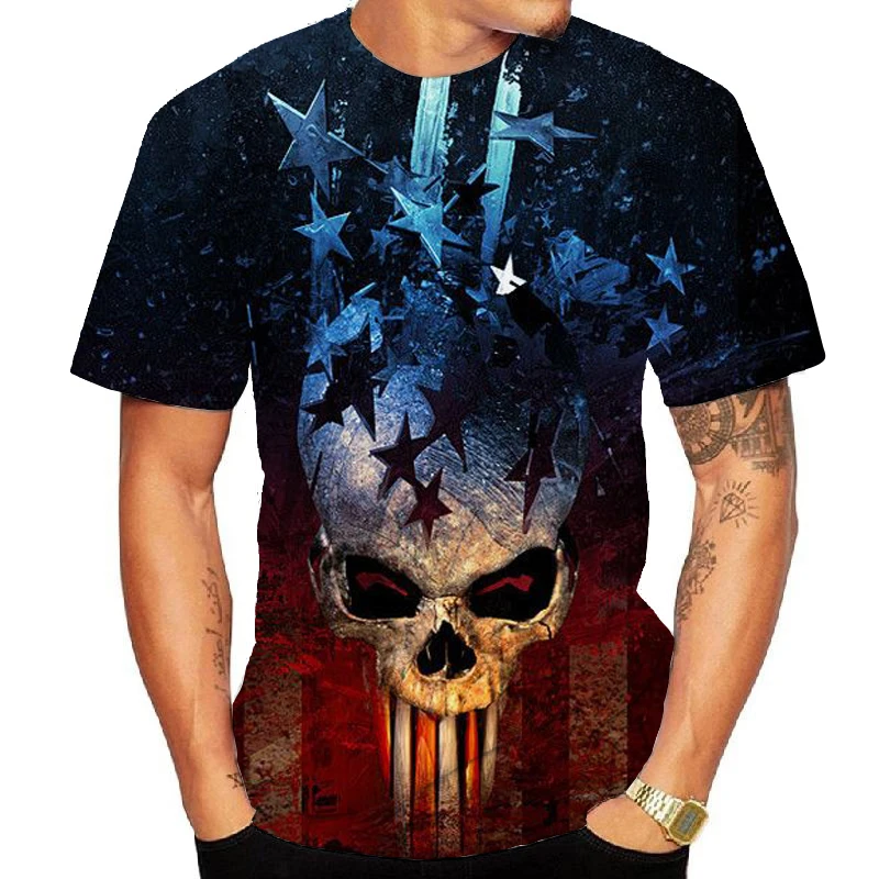 

Summer New Men's Skull Flag Digital Printing T-shirt Personality Casual Streetwear Trend Fashion Tees Short-sleeved T-shirt Top