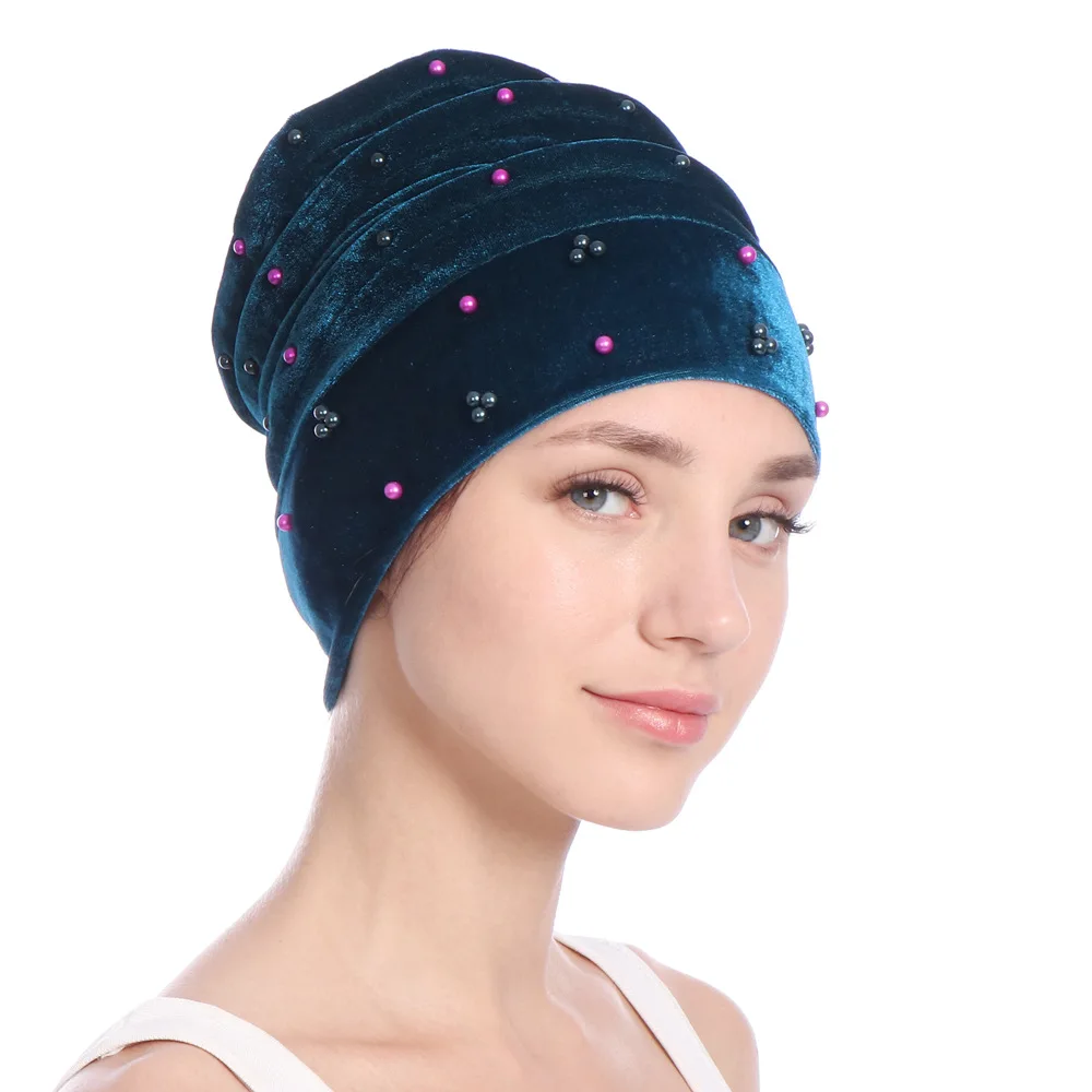 Женская бархатная Beanie Skullies Islamic Bonnet Pearls Head Wrap африканская шапка Muslilm Slouch после