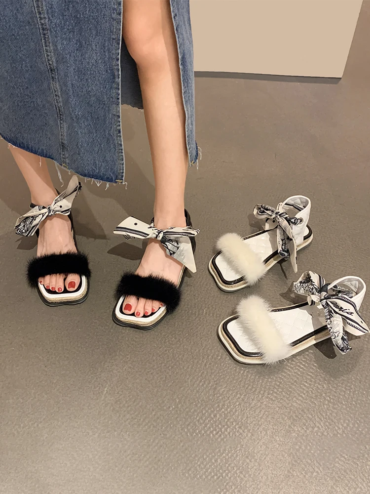 

Women's Shoes Sandals 2021 Summer New Style Mink Low-heeled Non-slip Fashion Women's Style Lace-up Roman Shoes