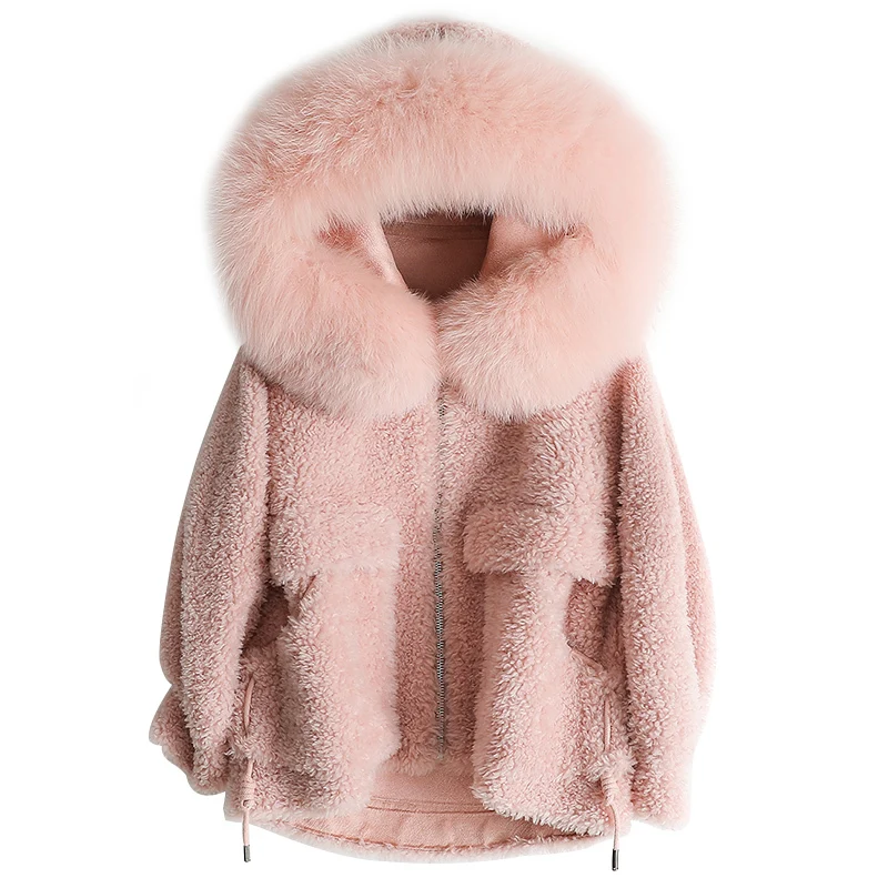 Женская Шуба из натурального меха розового цвета с капюшоном лисьего куртка для