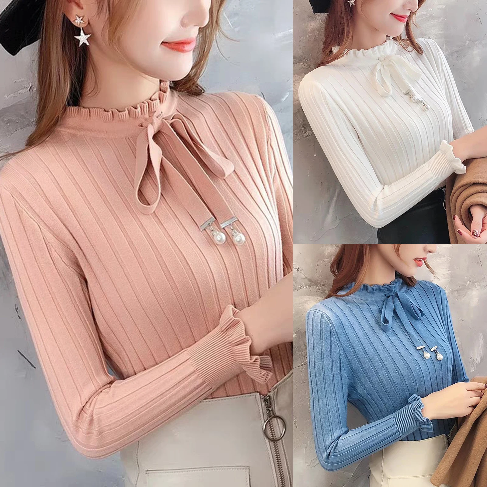 

Autumn Women Long Sleeve Bowknot Slim Basic Knitwear Ruffle Sweater Pullover blouses woman fashion 2020 elegant blusas de mujer