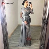 luxury wedding evening night dresses for women 2021 crystal sequined high neck long sleeves mermaid sparkly formal party gowns
