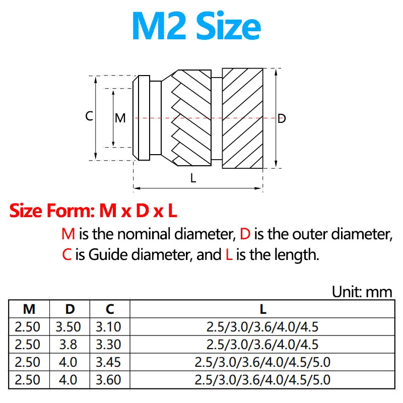 200PCS Insert Nuts Embed Parts Female Thread Brass Knurled Heat Set Inserts Nut Pressed Fit into Holes for 3D Printing M2 - купить по