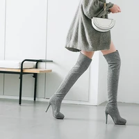 womens sexy suede stretch sock boots female grey over the knee thigh high boot ladies pointed high heels girl long shoes botas
