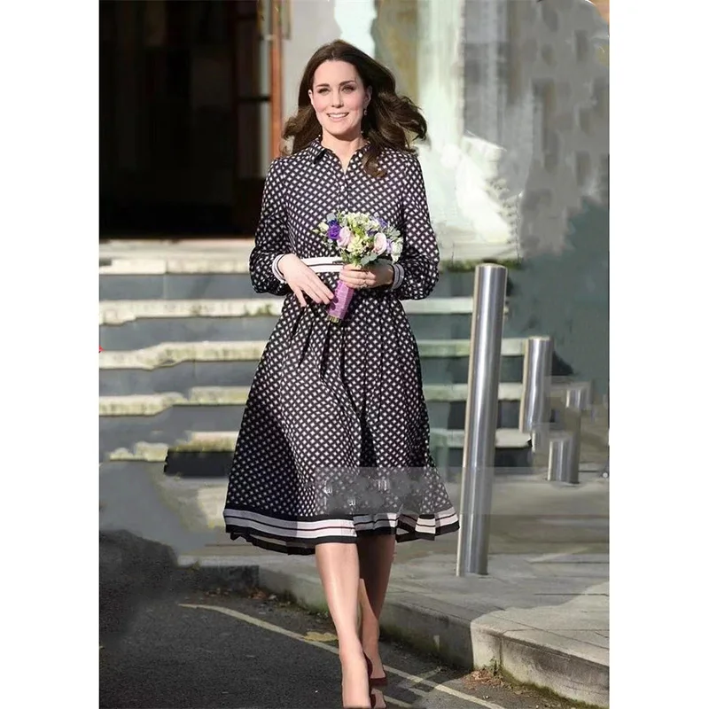 

Princess Kate Middleton Dress 2021 High Quality Spring Summer Women Runway Turn-Down Collar Glorious Print Elegant Shirt Dresses