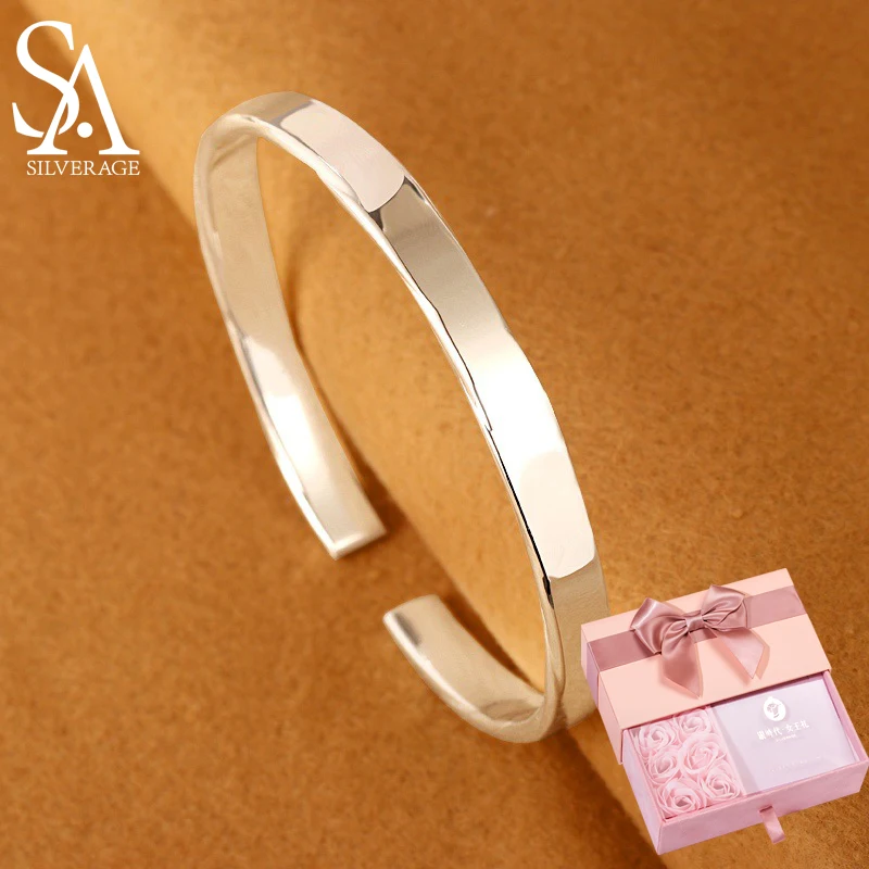 

SA SILVERAGE Fashion Simple Gift To Girlfriend Pulseras Mujer Luxury S999 Silver Bracelet Female Opening Sterling Solid Smooth