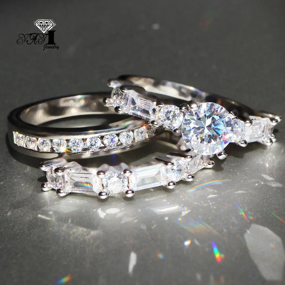 

3pcs YaYI Fine Jewelry Fashion Princess Cut 10*10mm White Cubic Zirconia Silver Color Engagement Wedding Party Couples Rings
