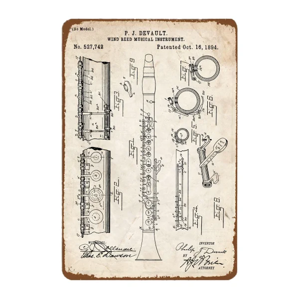 

Clarinet 1894 Print Wall Art Poster Music Teacher Blueprint Gifts Music Room Decor Vintage Tin Metal Sign Bar Club Cafe Garage