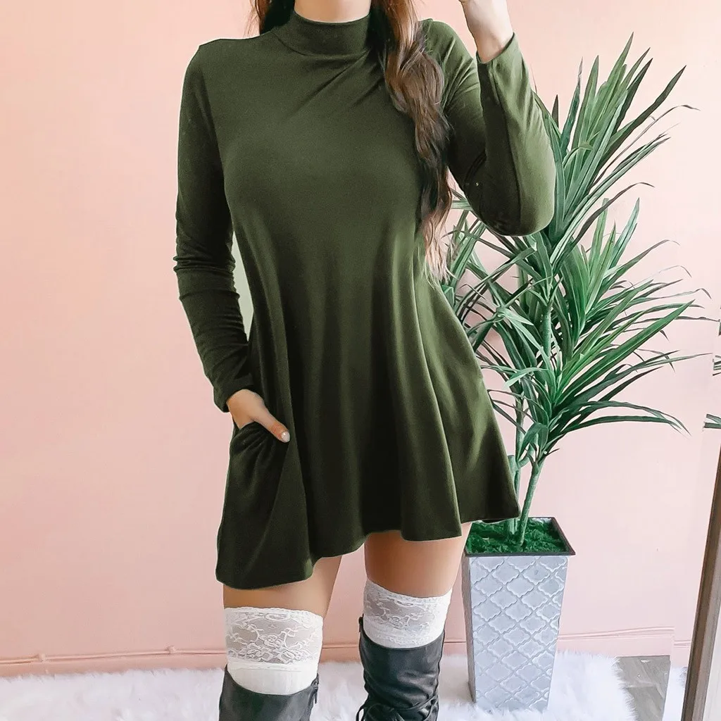 Для женщин платья с длинным рукавом Дамская обувь женские карман твердый платье