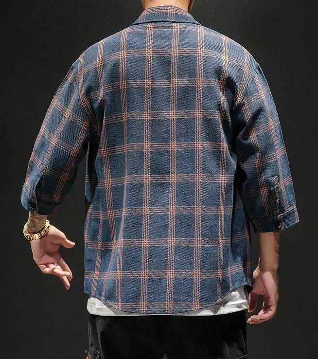 Sports Casual Three-quarter Sleeve Shirt Summer Men Plaid Shirt  Design Social Casual Men Dress Shirts