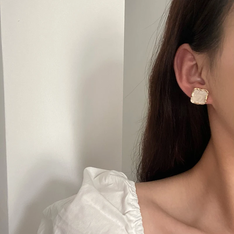 

S925 needle Square Earrings Delicate Design Metal Golden Plating Enamel White Blue Earrings For Sweet Girl Gifts Jewelry
