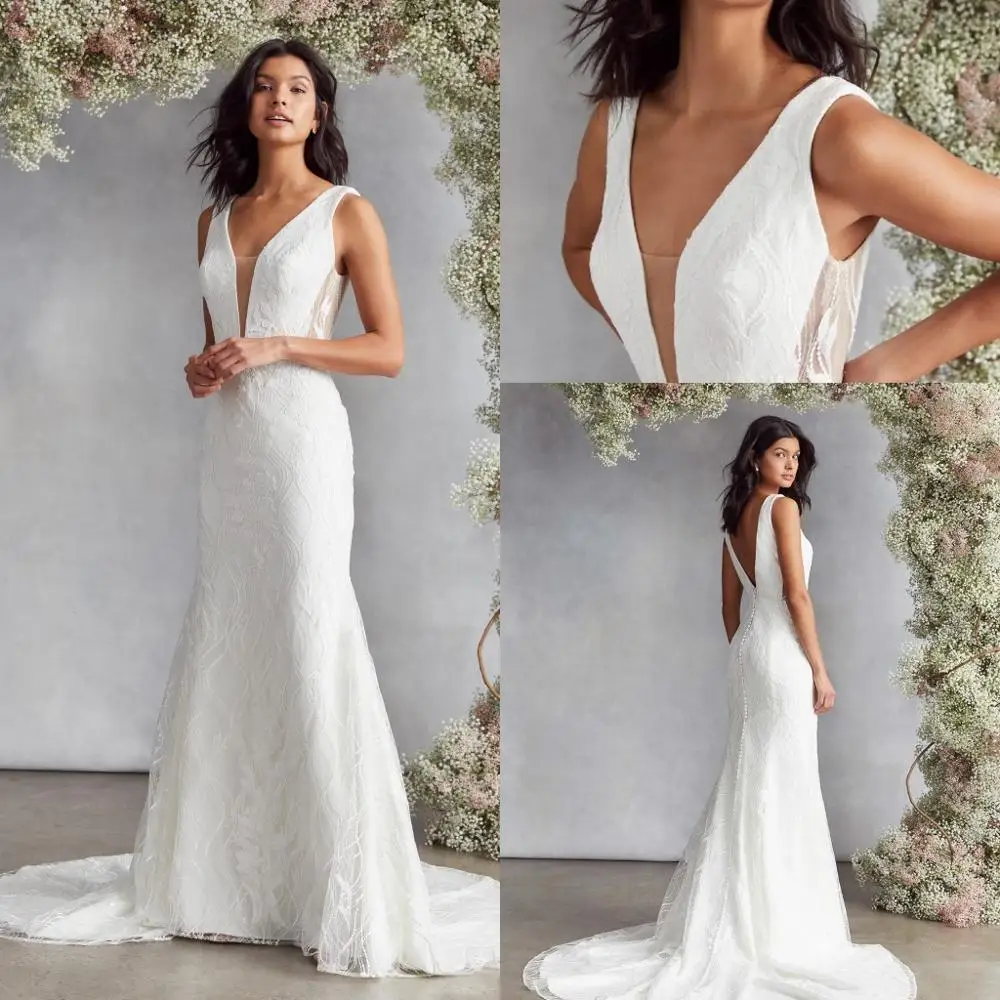 

2020 Vintage Mermaid Wedding Dresses Lace Applique Button Backless Vestido De Noiva Custom Made Bridal Dress