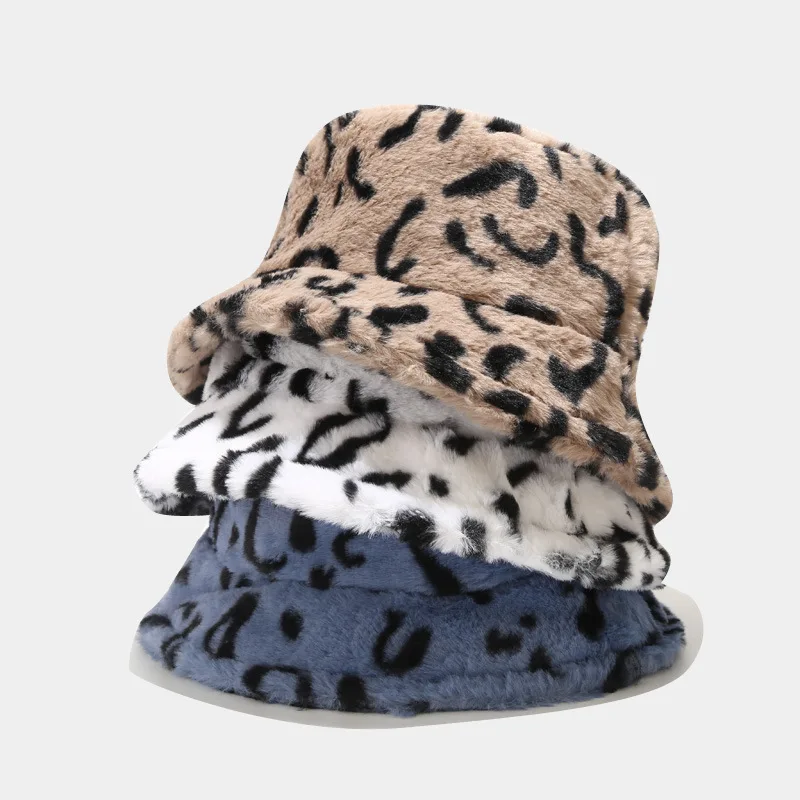 

Fashion Autumn Winter Hat For Women Warm Bucket Cap Ladies Leopard Print Fisherman Cap Plush Faux Fur Panama Hat Accessories