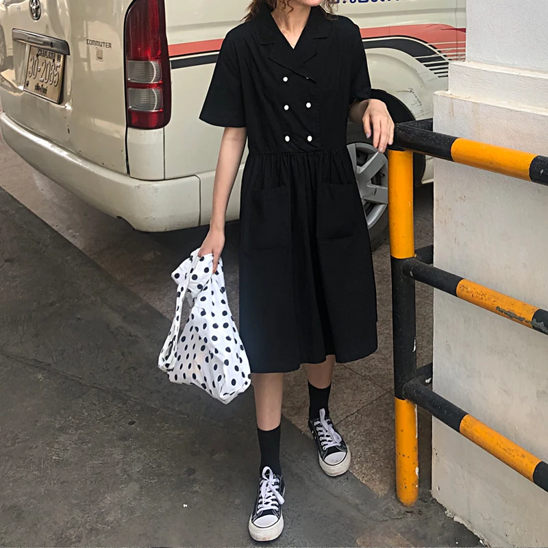 ulzzang notched loose preppy style black pockets high waistWomen's Clothing fashion brand summer dress vestidos korean dresses | Женская