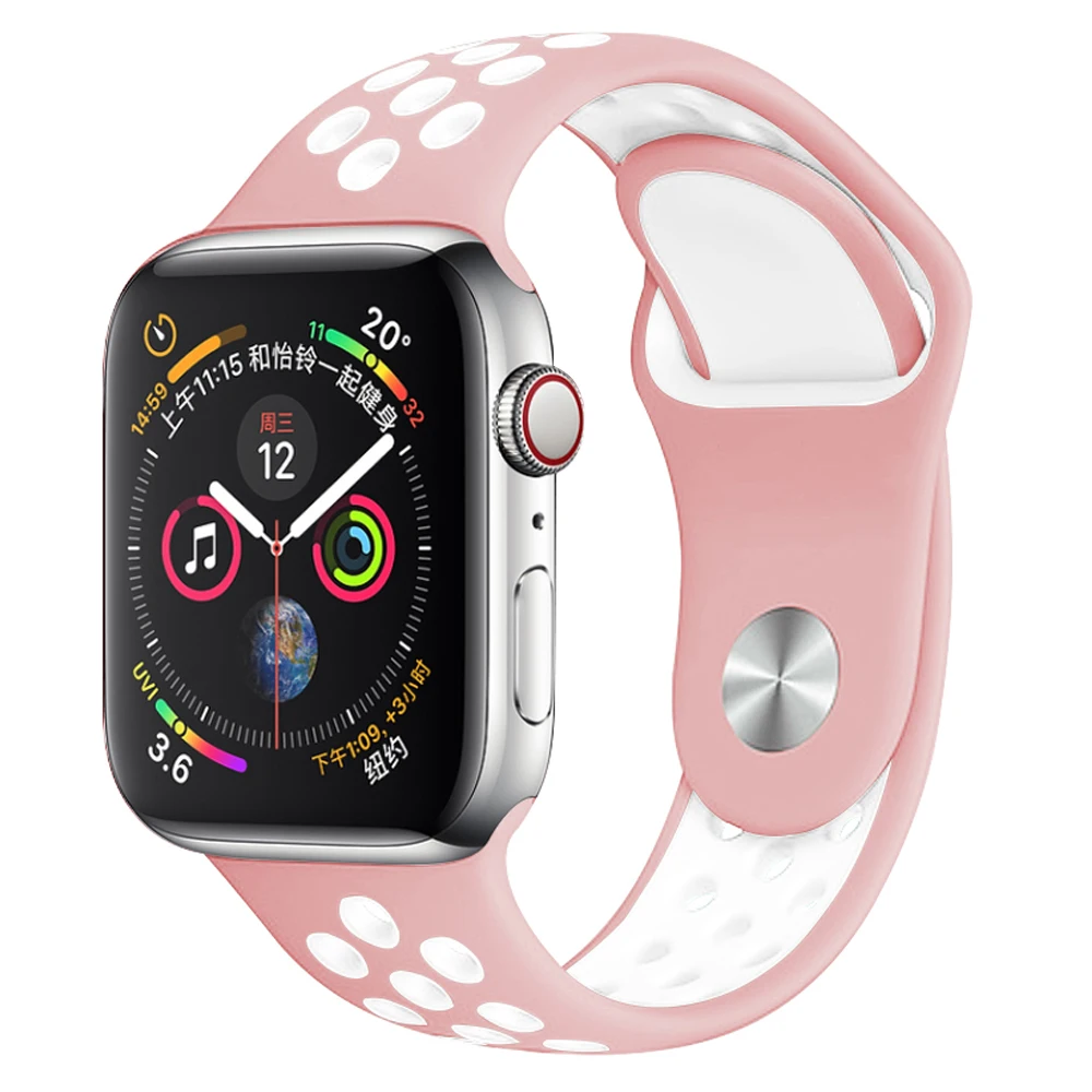 Powder with white Мягкий силиконовый сменный спортивный ремешок для Apple Watch, 38 мм, 40 мм, серия 1, 2, 3, 4, 5, 42 мм, 44 мм, браслет на запястье, ремешок для iWatch Sports - Цвет ремешка: Powder with white