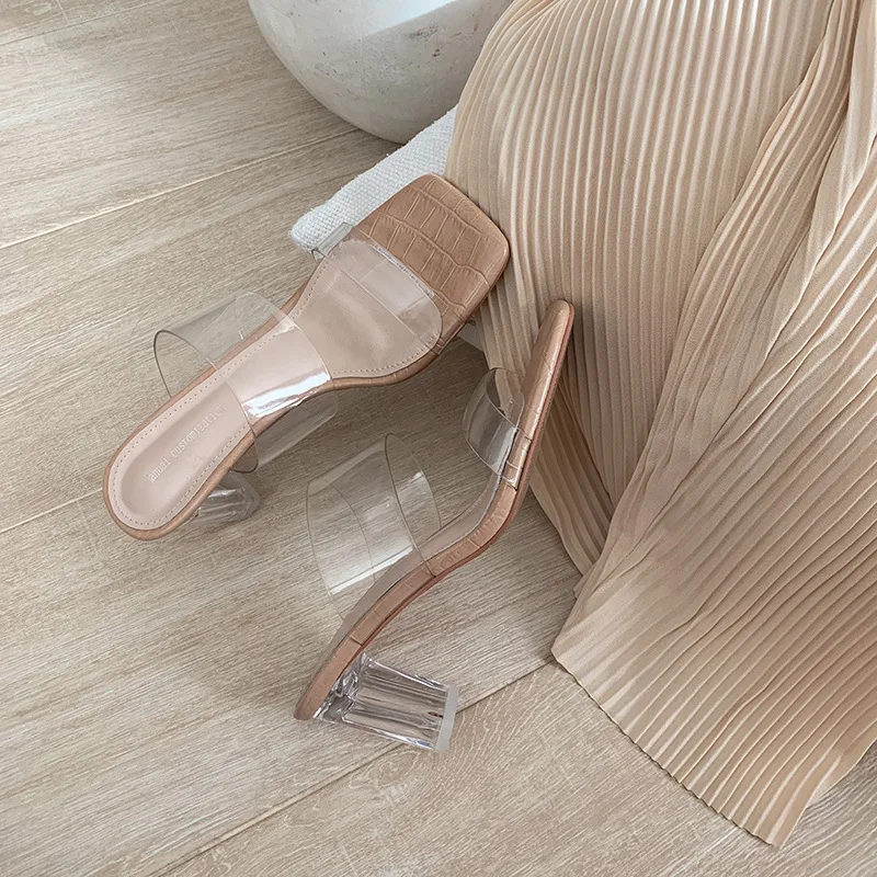 

Transparent crystal heel sandals women 2021 summer new style fairy style thick heel open-toed sandals and slippers outer wear