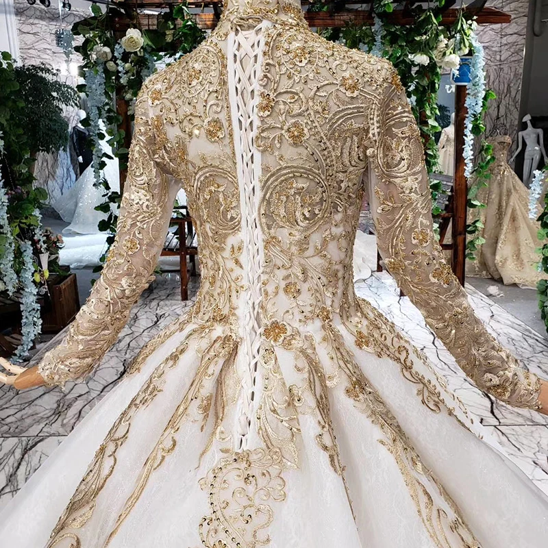 BGW 21230ht Luxury Wedding Dresses Muslim Woman High Neck Long Sleeve Lace Up Floor Length Princess Bridal Dress Golden Mariage