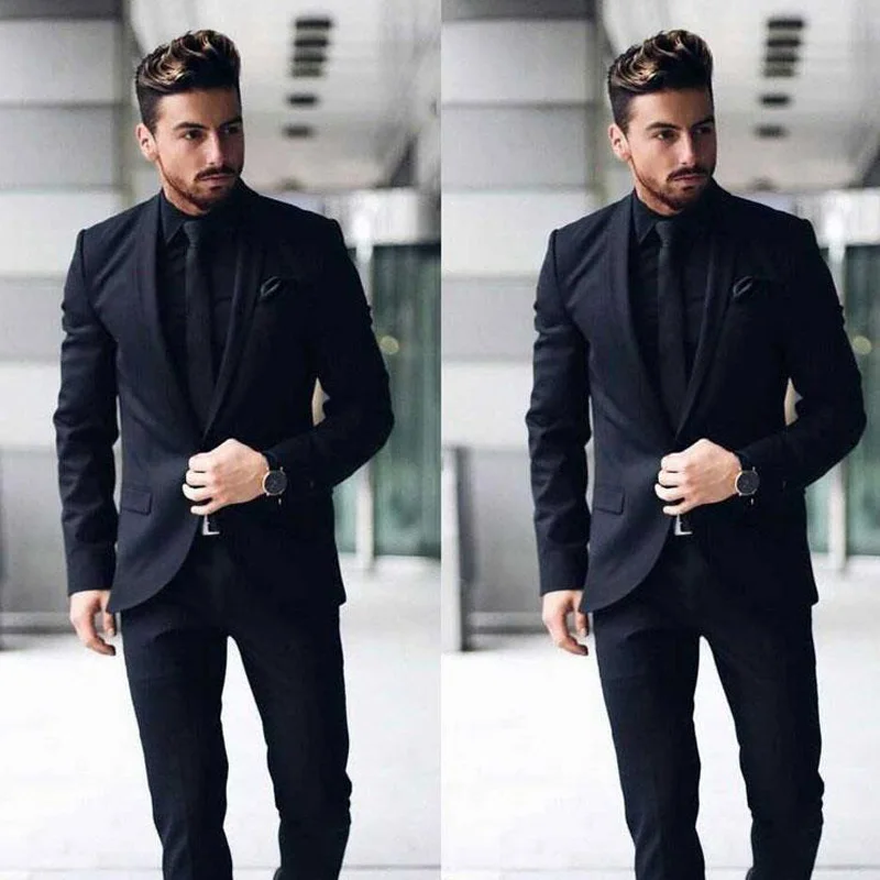 

Handsome Black Slim Fit Men's Suits Set One Button Shawl Lapel Wedding Blazer and Pants Business Tuxedos