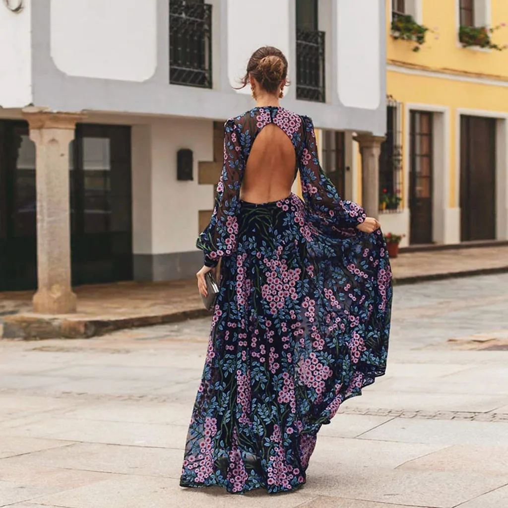 Women Summer Dress Long Sleeve Backless Embroidery Floral Print Dress Hollow Out Mesh See Through Flowers Long Maxi Dresses 2022