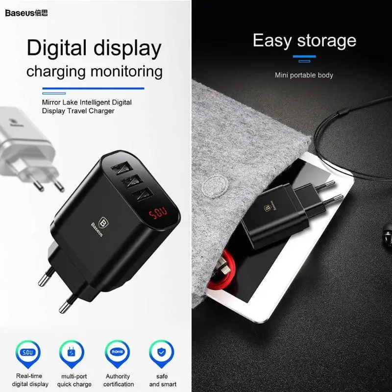 Baseus 3 порта USB зарядное устройство EU Plug 12 В 3.4A светодиодный дисплей универсальное мульти зарядное устройство для быстрой зарядки мобильного телефона дорожное настенное зарядное устройство