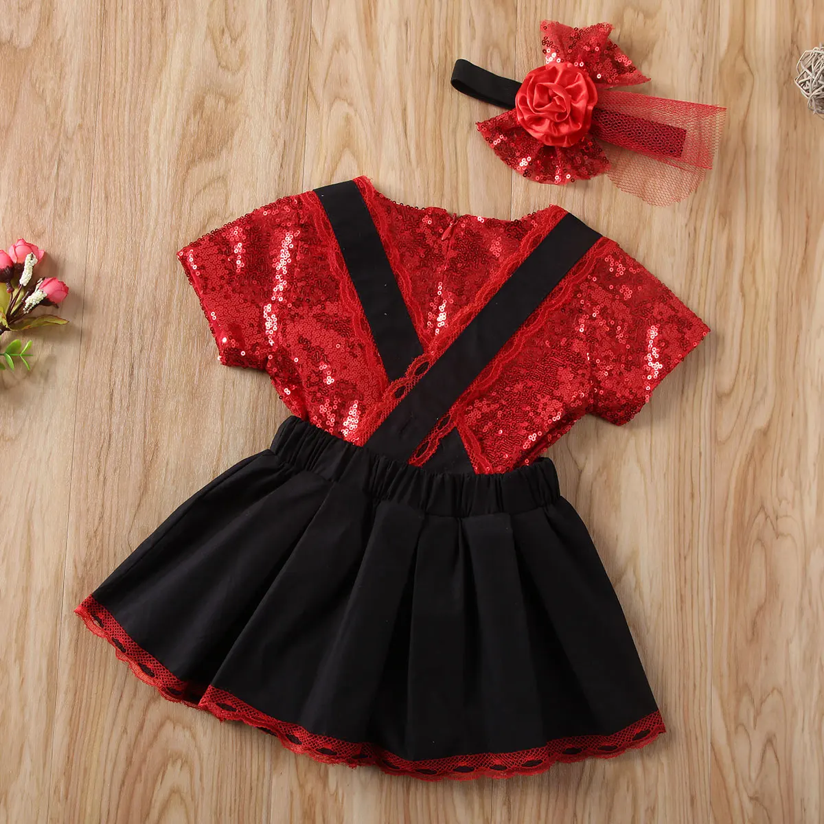 

Baby Summer Clothing Toddler Kids Baby Girl Ruffle Sequin Short Sleeve T-shirt Tops Overall Dress Headband 3Pcs Outfit