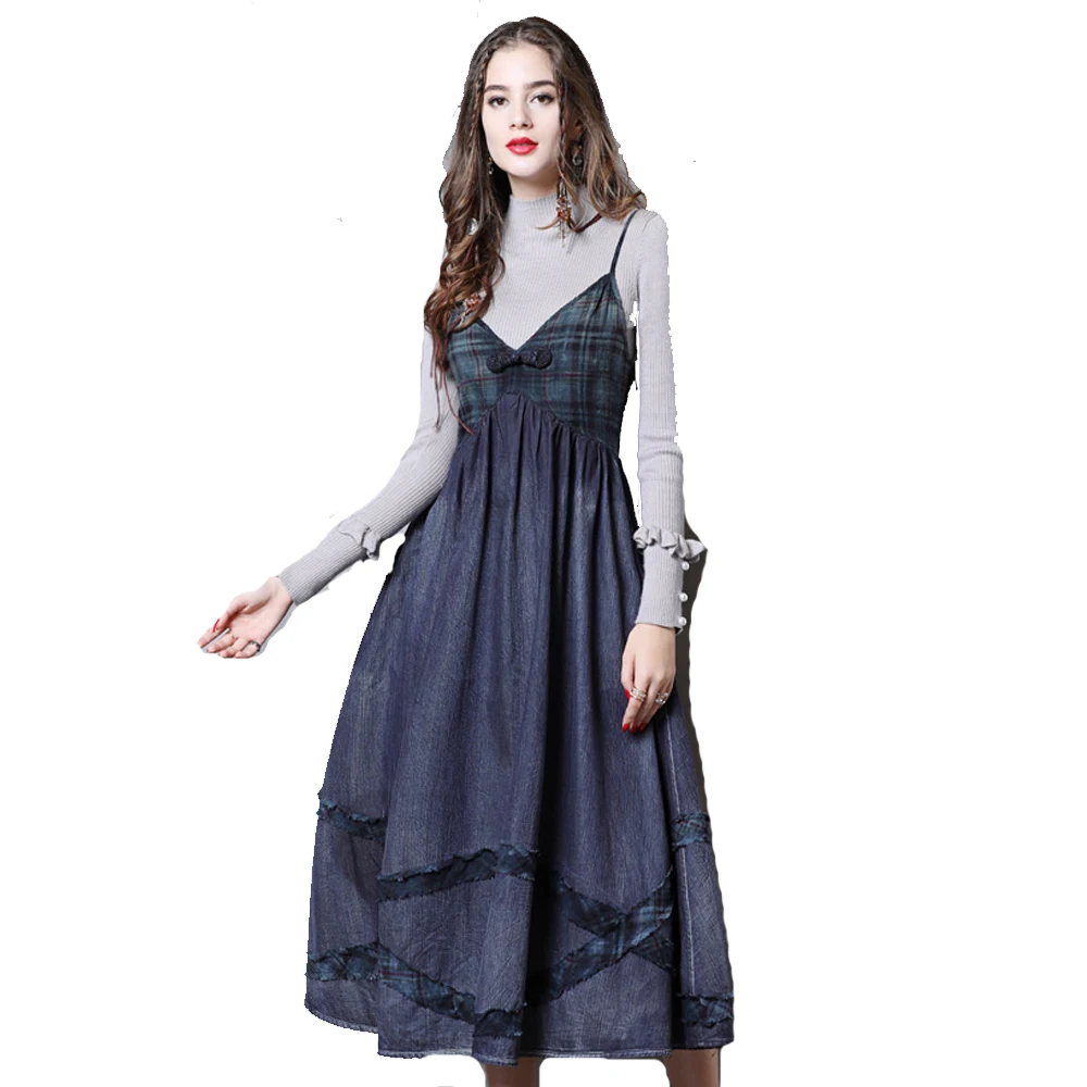 

2020 New Autumn Plaid Spilicing Sleeveless Braces Denim Dress Check Designed Loose Big Lap Clothing For Women FS1037