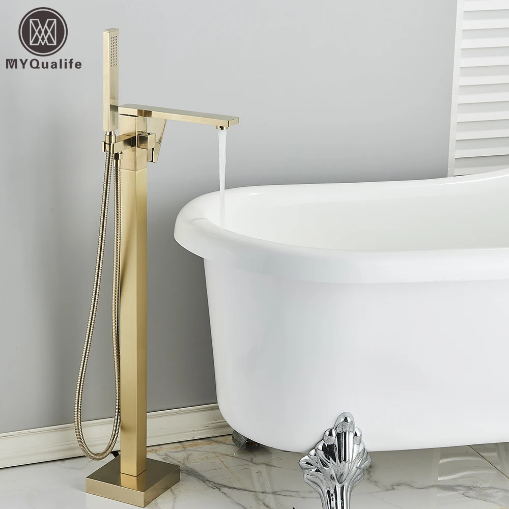 

Luxury Brushed Gold Bathtub Faucet Free Standing Bathroom Tub Faucet 6 Types Spout Floor Mounted Bath Shower Mixer Tap