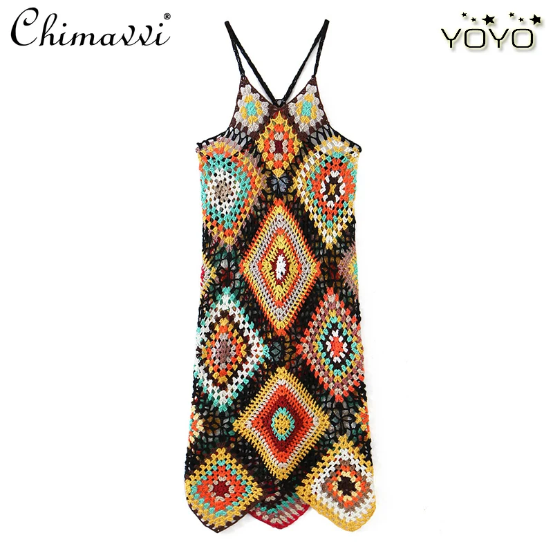 

Women's 2021 Crocheted Vintage Suspender Dress Summer Retro Colorful Printing Knitted Dress Female Sleveless V Neck Dress