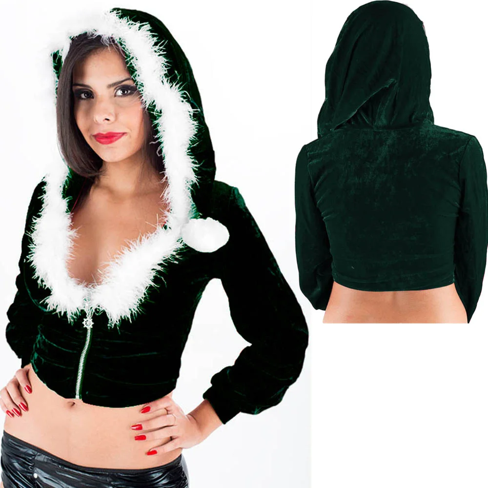 

Women Green Long Sleeve Zipper Christmas Costume Top Short Fancy Top Red Santa Claus Costume with Hat