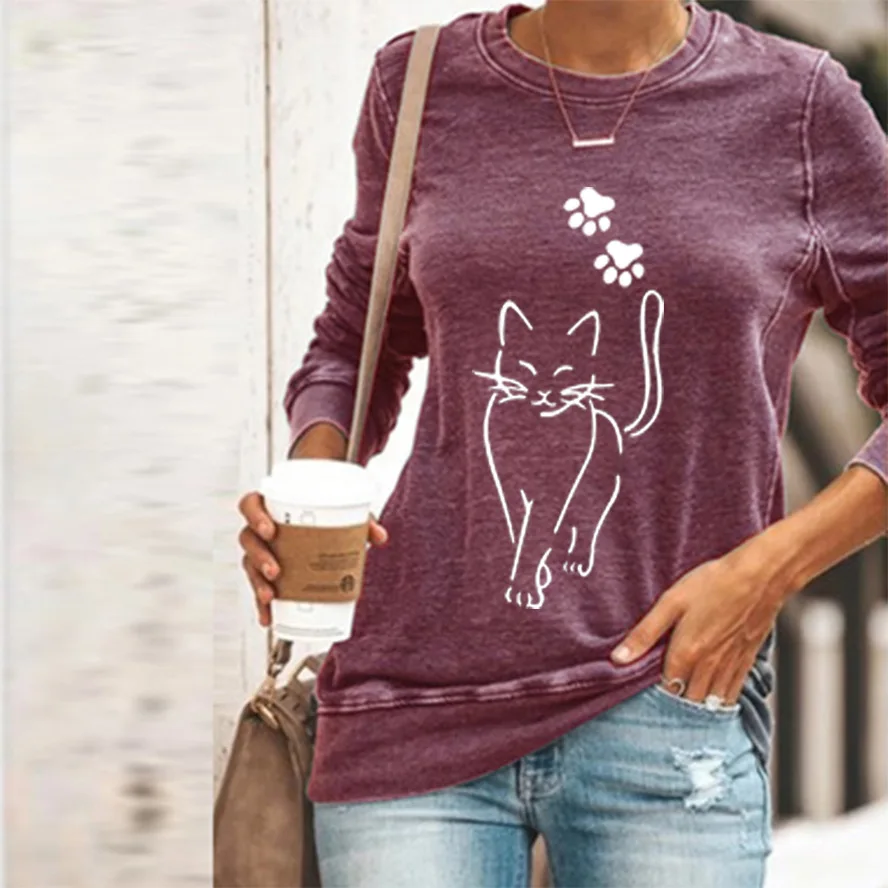 

T-shirt Women New Cute Cat Printing Shirt Stitching O Collar Casual Loose 2021 Spring Autumn Long Sleeve Top Lady Cotton Tees