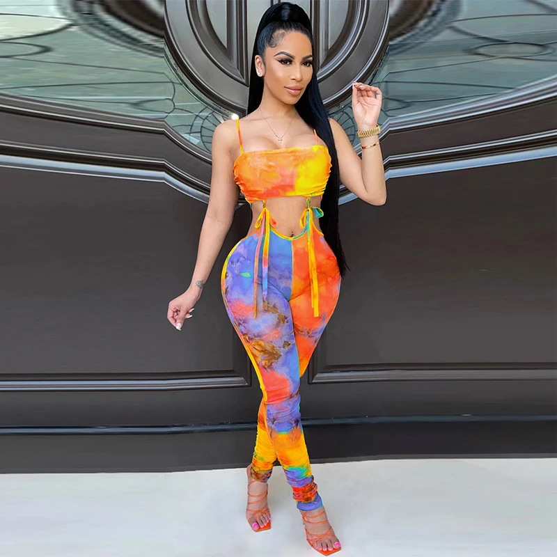 

Women Sling Backless Tie Dye Printed Sleeveless Bodycon Jumpsuits Sexy & Club Jumpsuits Streetwear Waist Band Cut Out Outfits