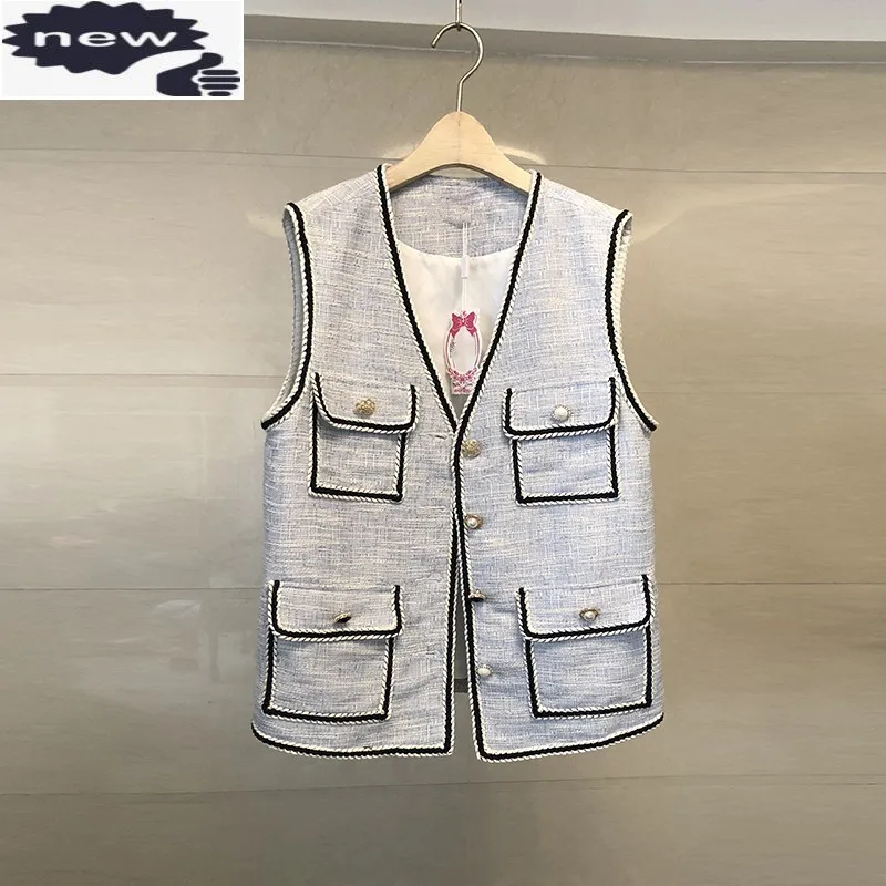 

European Spring Summer Ladies Sleeveless Weaving Panelled Tweed Vests Fashion Single Breasted V-Neck Slim Womens Waistcoats