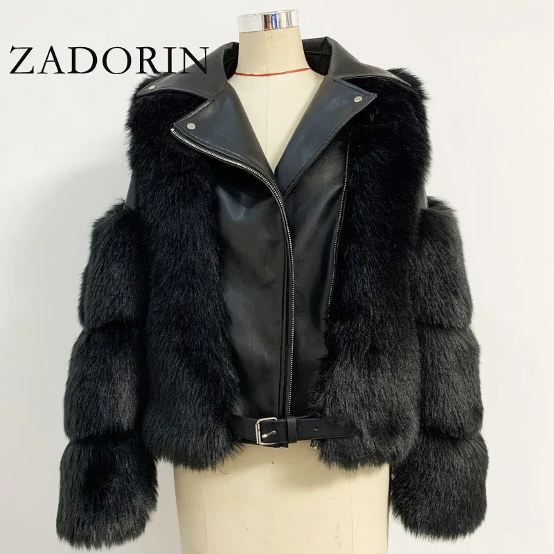 ZADORIN Top Fashion Luxury FAUX Fox Fur Coat Motorcycle PU Leather Turn Down Collar Warm Faux Fur Jacket Women Autumn Winter New