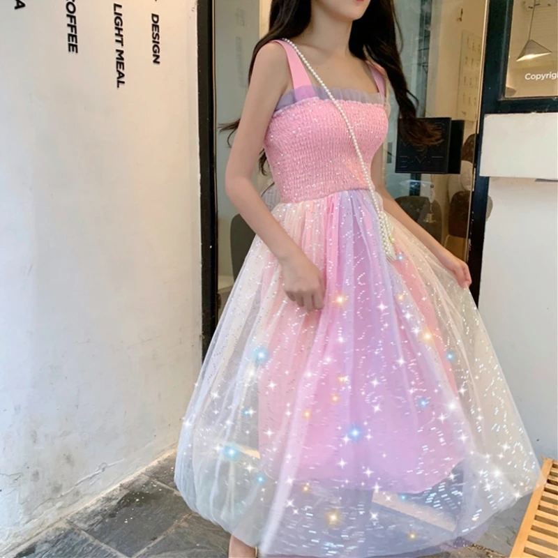 Милые радужные платья на бретелях спагетти летняя женская одежда в стиле ольччан