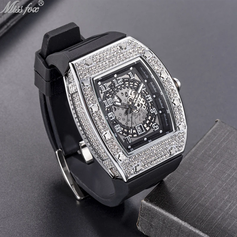 

Miss Fox Waterproof Full Diamond Tonneau Shape Man's Wristwatches Hardlex Mirror Quartz Business Watches Men Luminous