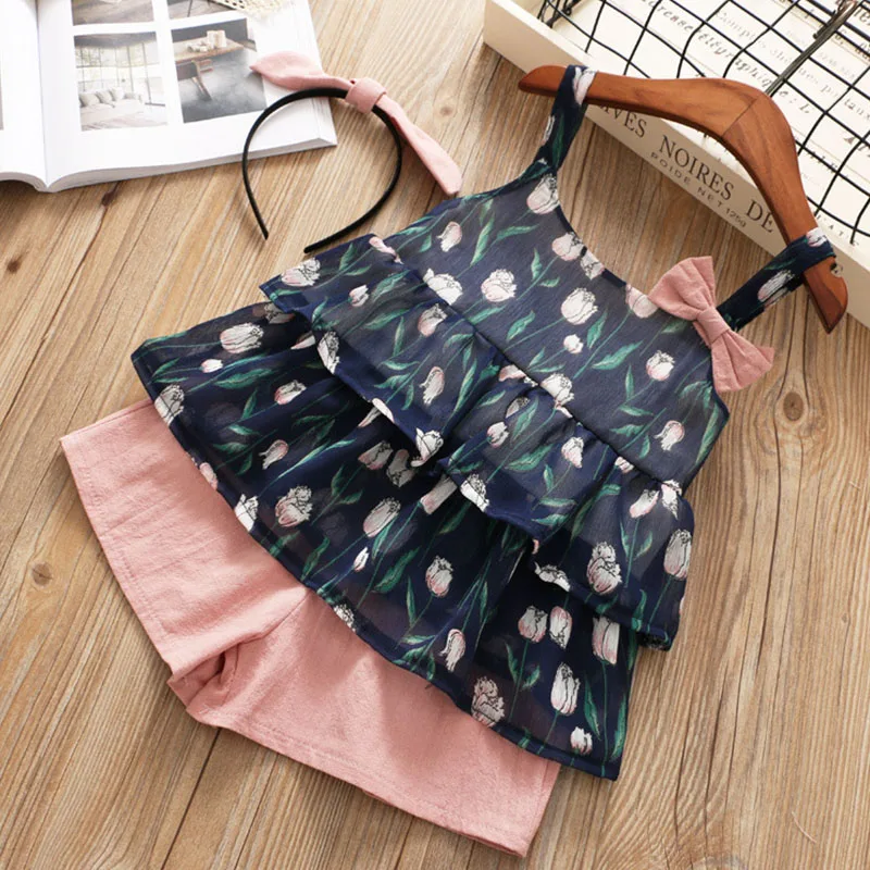 Коллекция 2019 года новый летний костюм для девочек шифоновый топ на бретельках с