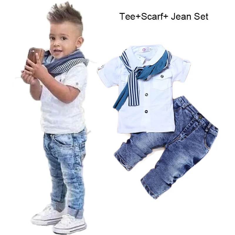 

2019 Boys Short Sleeve T Shirts Jean Scarf 3Pcs Clothing Set Kids Summer Autumn Clothes Children Fashion Wear