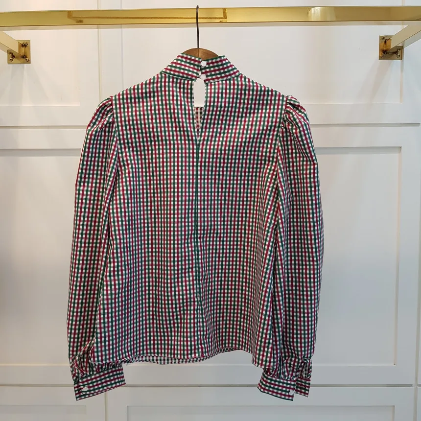 

HziriP 2021 New Spring Autumn OL Elegant Minimalist Bow Collar Plaid Shirt Women Blouses Work Wear Chic Loose Puff Sleeve Tops